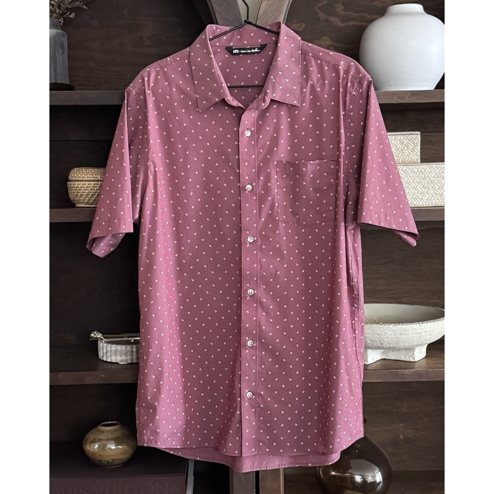 TravisMathew Not Your Best Button Up Shirt Mens L Heather Ruby Short Sleeve